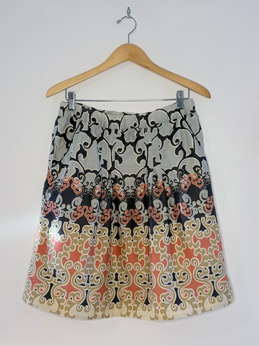 Anthropologie | Women’s Patterned A-Line Skirt in Coral, Slate & Cream
